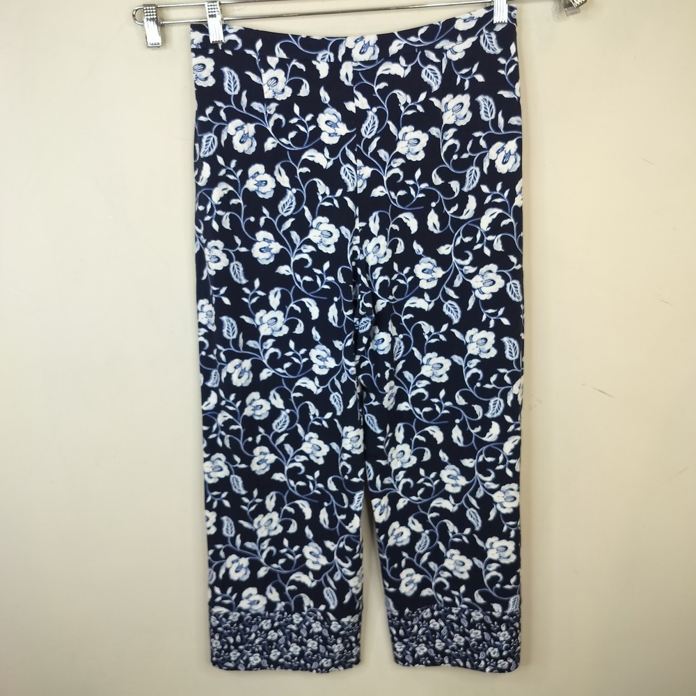 J. Jill Wearever Full-Leg Cropped Pants Women Medium Floral Knit Navy Blue - Picture 6 of 10